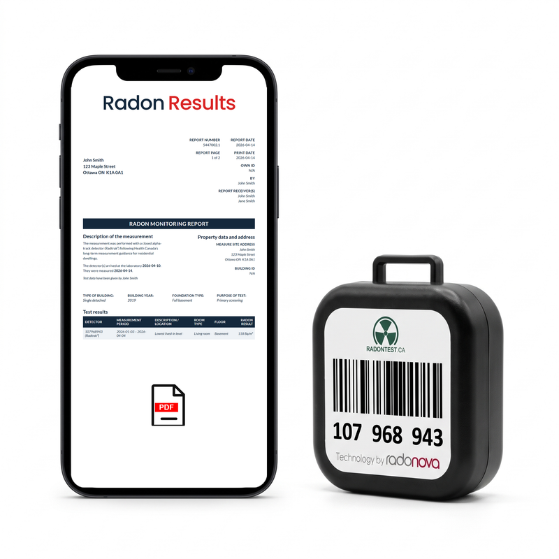 Radon monitoring report open on a phone beside the Essential alpha-track detector, showing the measurement period and the result in becquerels per cubic metre, with a downloadable PDF