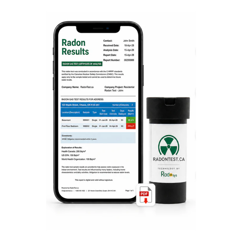 Radon test results certificate shown on a phone beside the alpha-track detector, with a downloadable PDF report