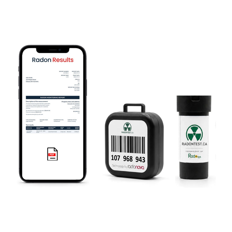 Both radon detectors side by side, with a results certificate shown on a phone