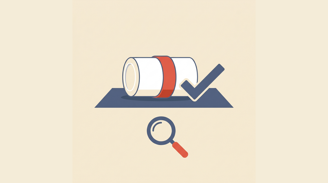 Flat-vector illustration of an alpha-track radon detector canister with a checkmark and a magnifying glass on a cream background
