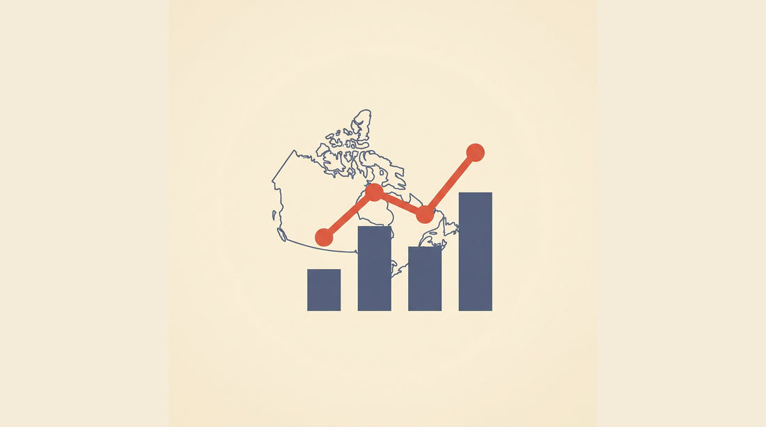 Flat-vector data chart with a rising trend line over an outline map of Canada — Canadian radon public datasets