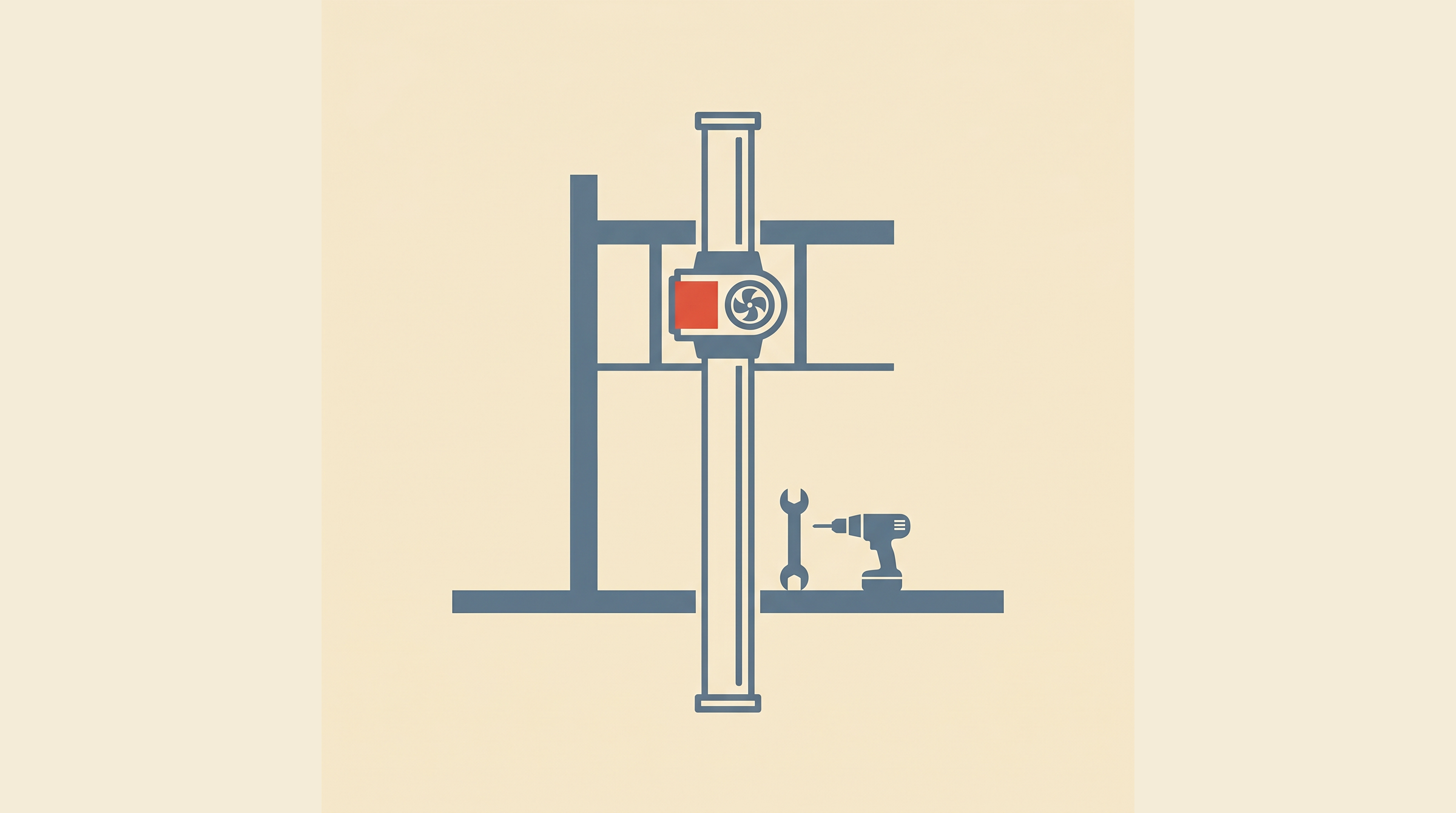 Flat-vector illustration of a Canadian basement with a sub-slab depressurization radon mitigation fan, vertical PVC pipe, and tools on a cream background