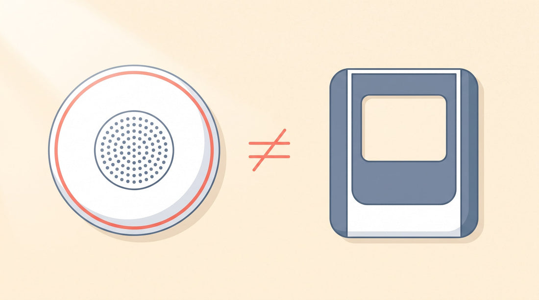 Flat illustration comparing a round carbon monoxide alarm and a radon detector — they measure different gases