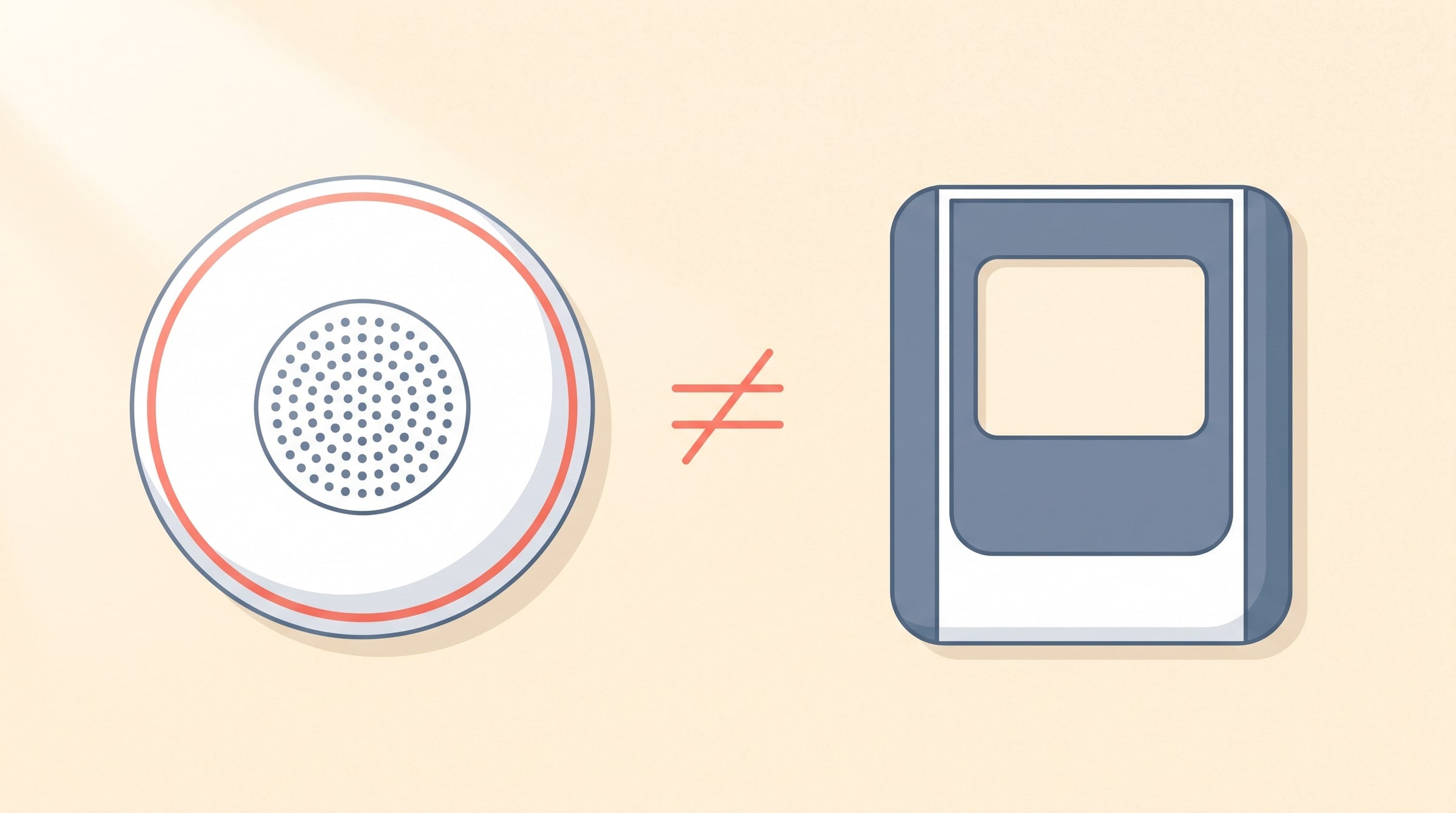 Flat illustration comparing a round carbon monoxide alarm and a radon detector — they measure different gases
