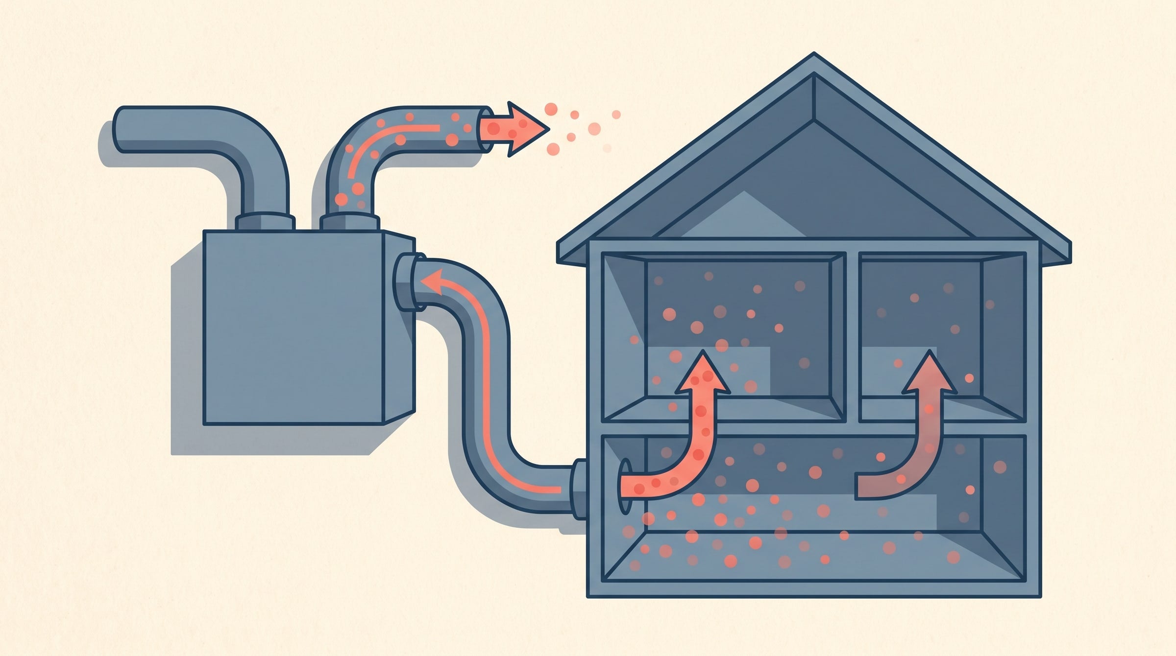 Illustration à plat d'un échangeur d'air (VRC) avec flux d'air entrant et sortant près d'une maison
