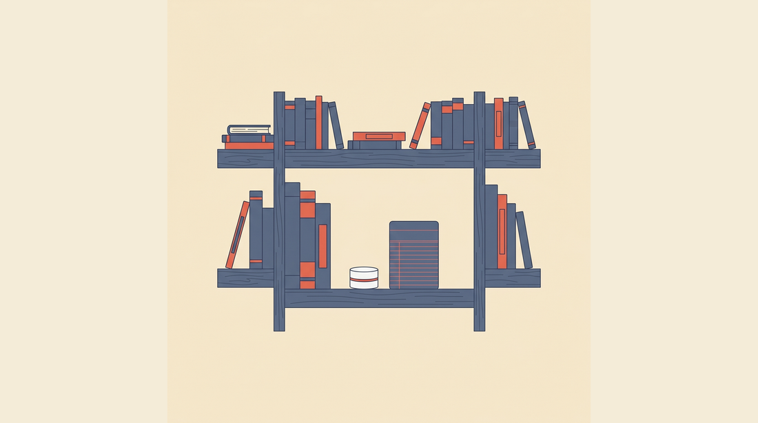 Flat-vector illustration of a Canadian library bookshelf with a borrowed radon detector kit and a library card on a cream background