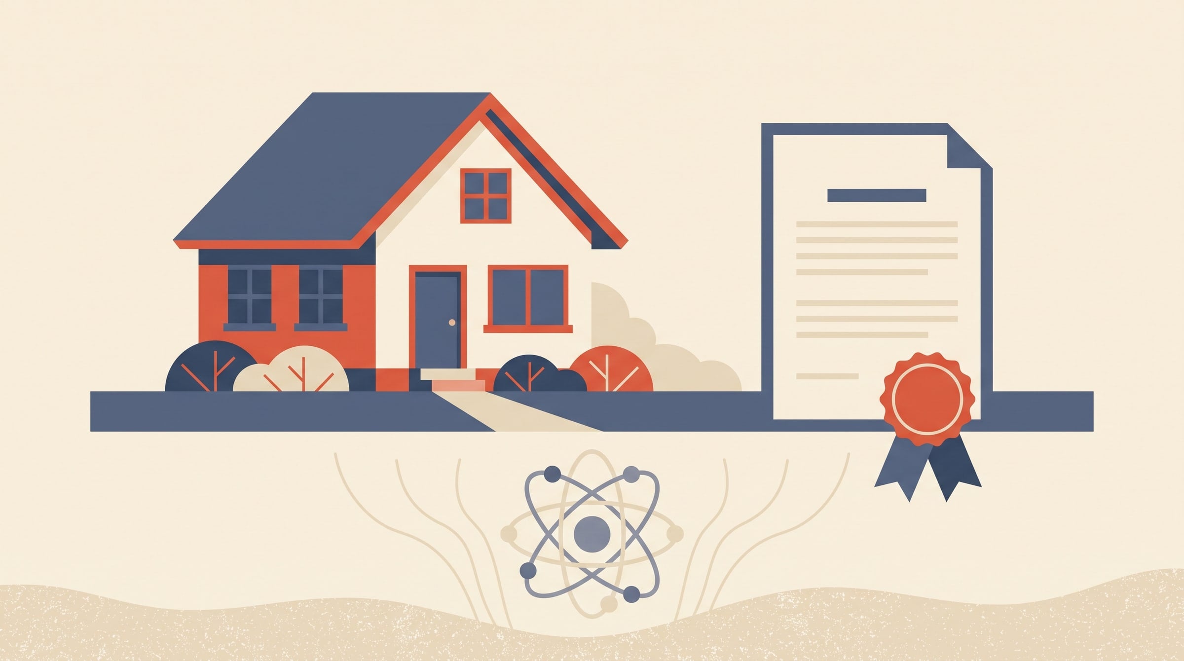 Flat-vector illustration of a new house beside a warranty certificate — GCR new-home warranty and radon in Quebec