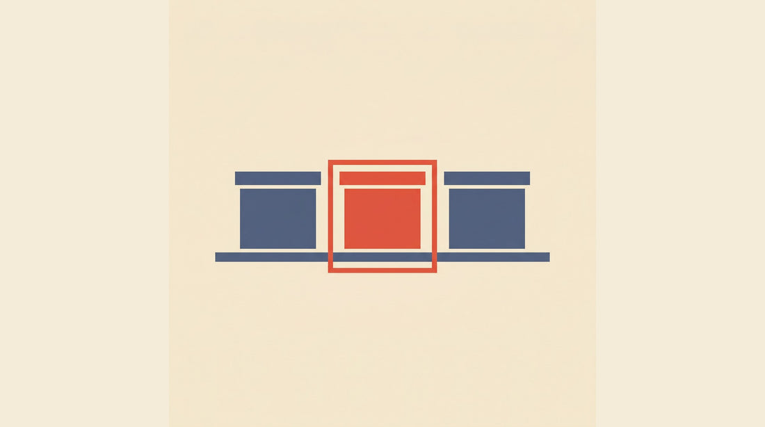 Flat-vector illustration of three radon test kit boxes on a store shelf, the middle one highlighted — retail radon test kits in Canada