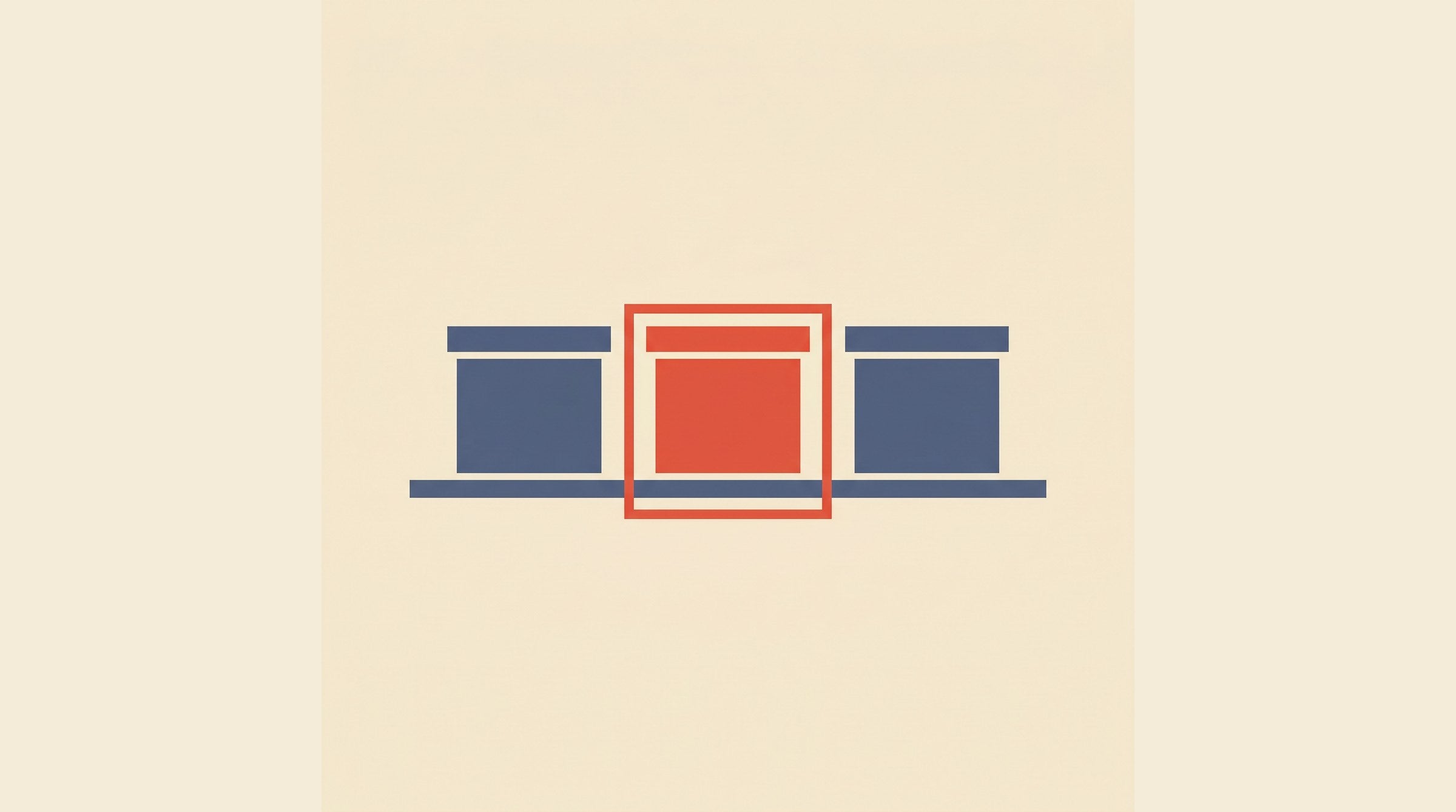 Flat-vector illustration of three radon test kit boxes on a store shelf, the middle one highlighted — retail radon test kits in Canada