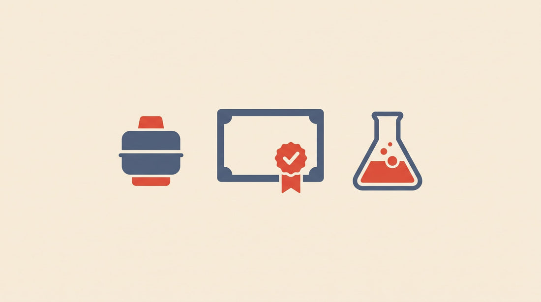 Flat-vector illustration of a radon detector, a certificate with a checkmark seal, and a lab flask — a C-NRPP-approved detector analysed by a C-NRPP certified lab