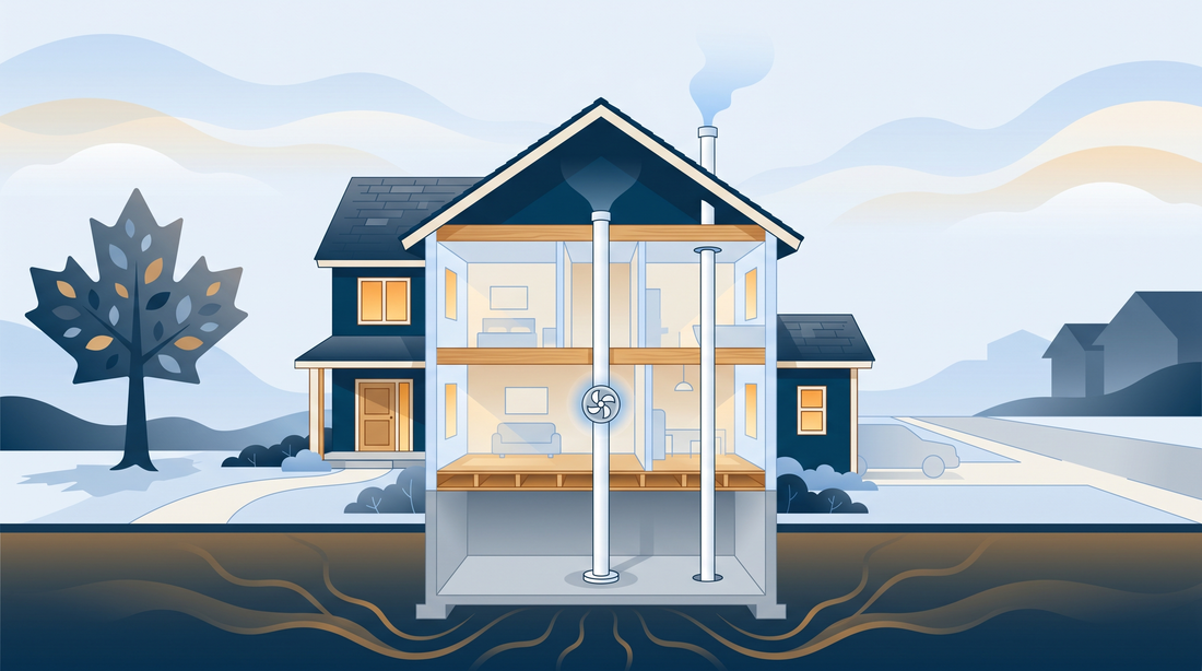 Illustrated cross-section of a Canadian home showing a radon vent pipe rising from the basement through the roof