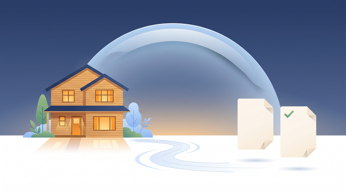 Illustration of a Canadian home protected by a translucent shield dome with a document showing a checkmark, representing Tarion radon warranty coverage