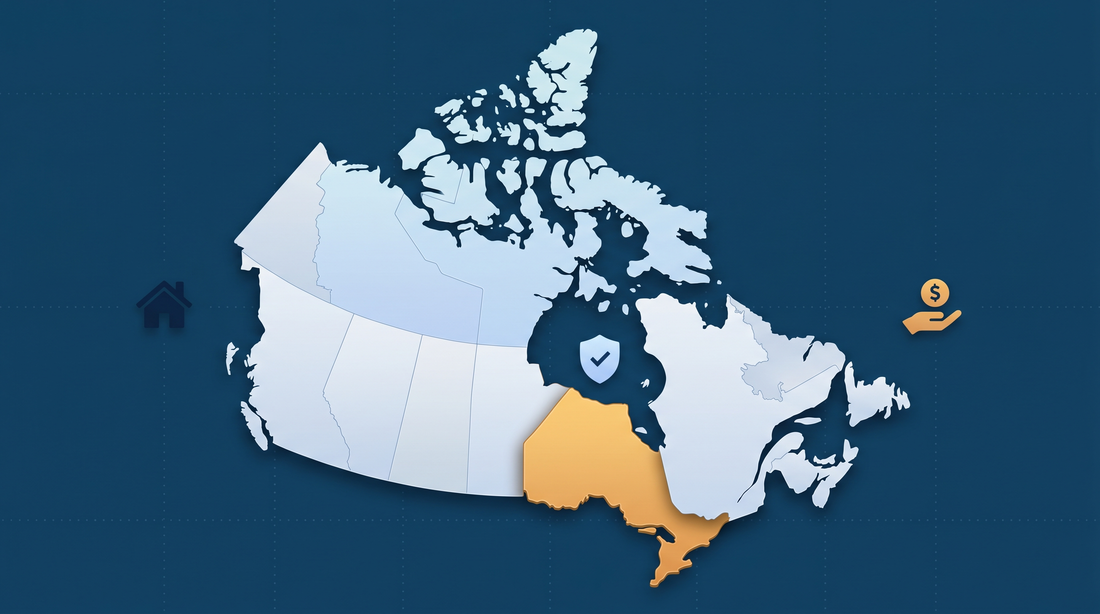 Illustrated map of Canada with Ontario highlighted in amber and a checkmark shield icon, representing province-by-province new-home warranty coverage