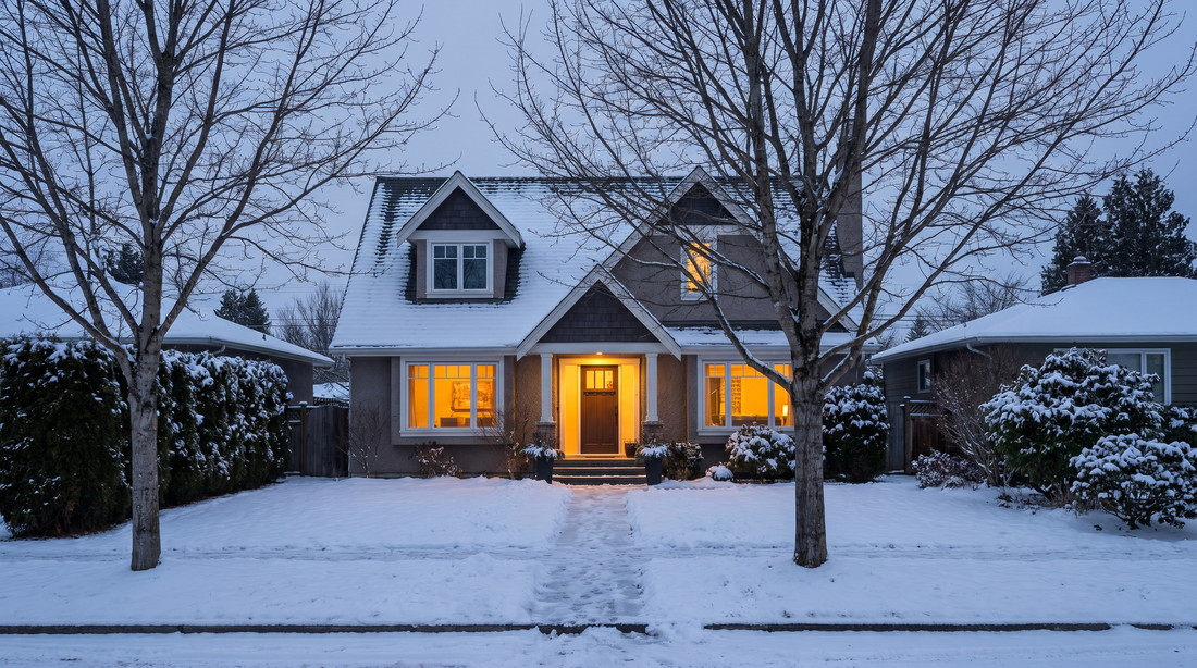 A Canadian detached suburban home with light snow on the roof and warm light glowing from windows during the winter radon testing season
