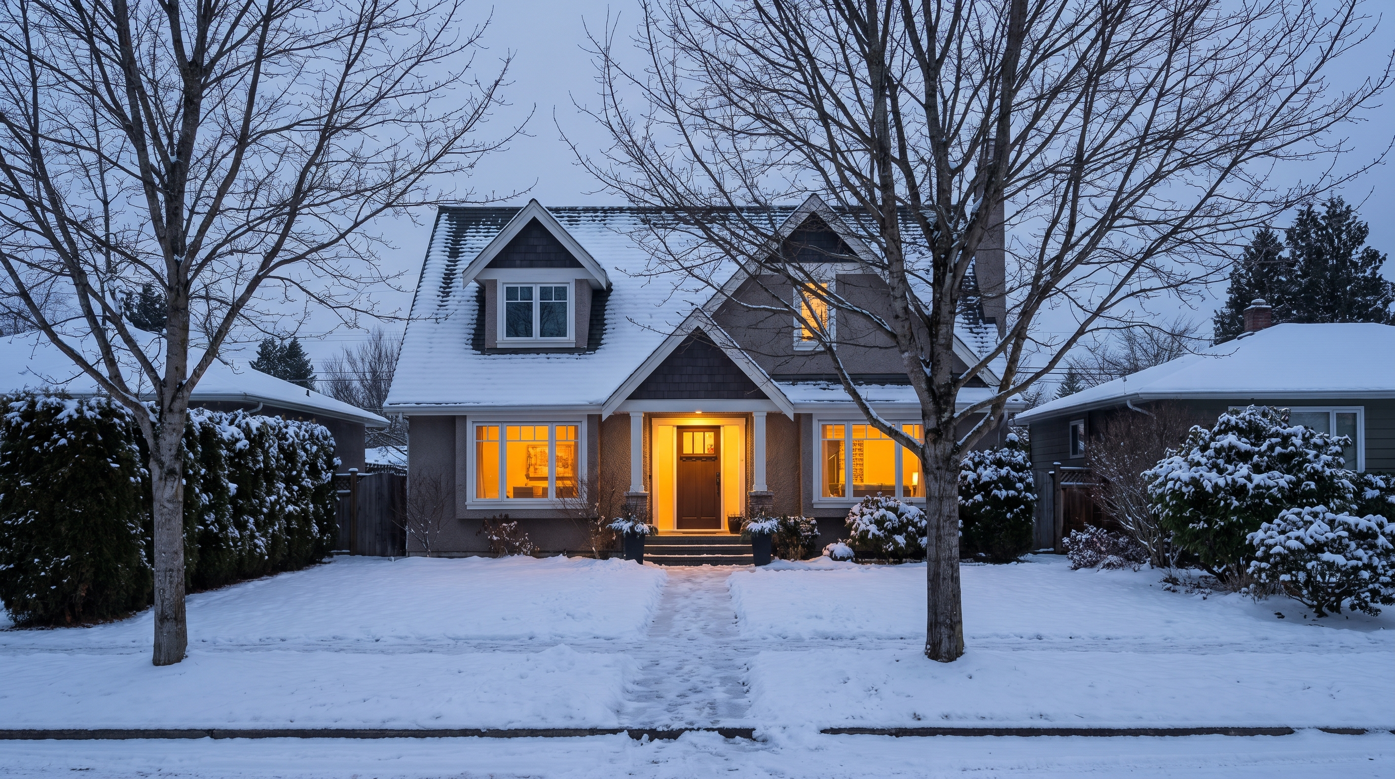 A Canadian detached suburban home with light snow on the roof and warm light glowing from windows during the winter radon testing season