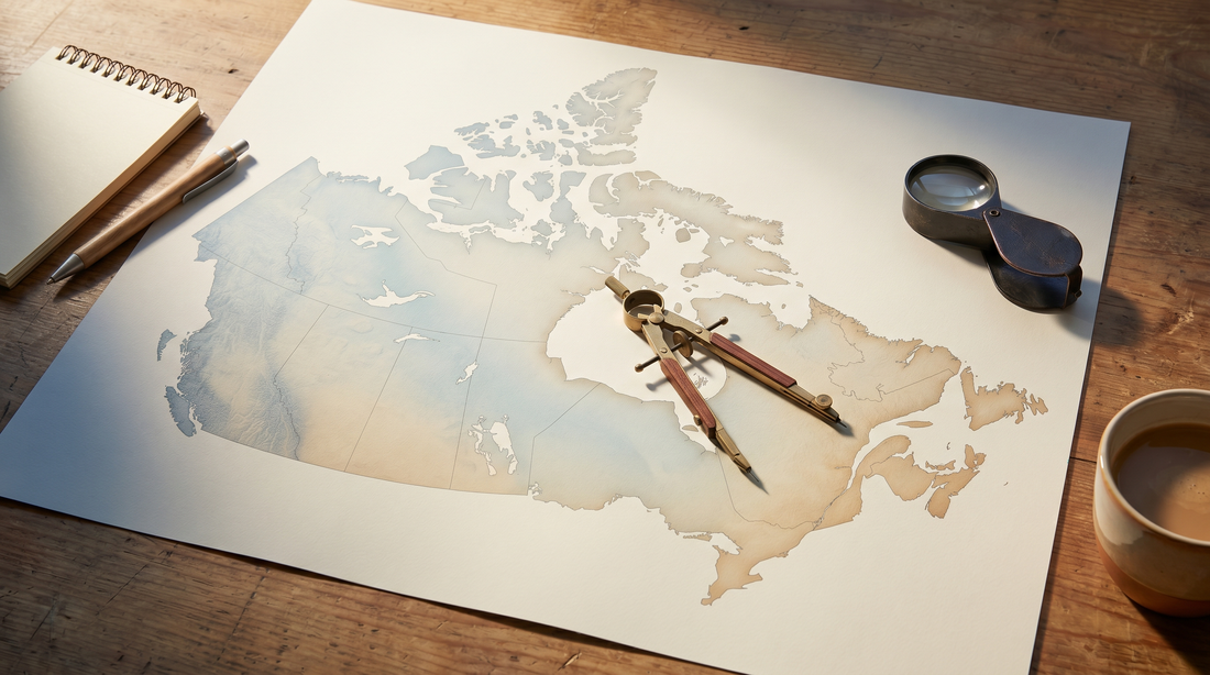 A paper map of Canada laid flat on a wooden desk with a brass drafting compass and a magnifying glass, suggesting cross-province radon data review