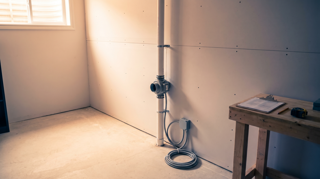 Installed sub-slab depressurization system in an Ontario basement with a clipboard estimate and tape measure on a workbench