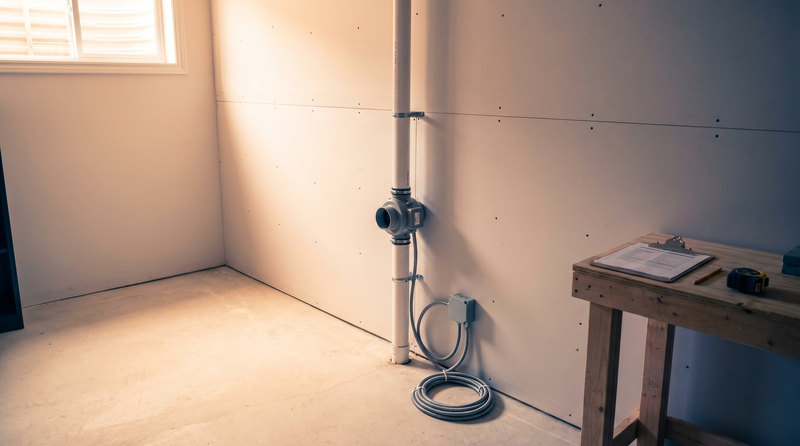 Installed sub-slab depressurization system in an Ontario basement with a clipboard estimate and tape measure on a workbench