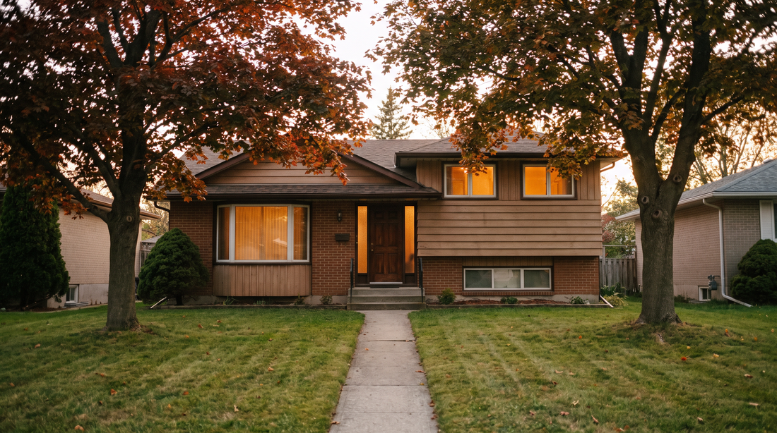 A Canadian suburban split-level home with brick and wood siding at golden hour, warm light in the windows and autumn maples in the front yard.