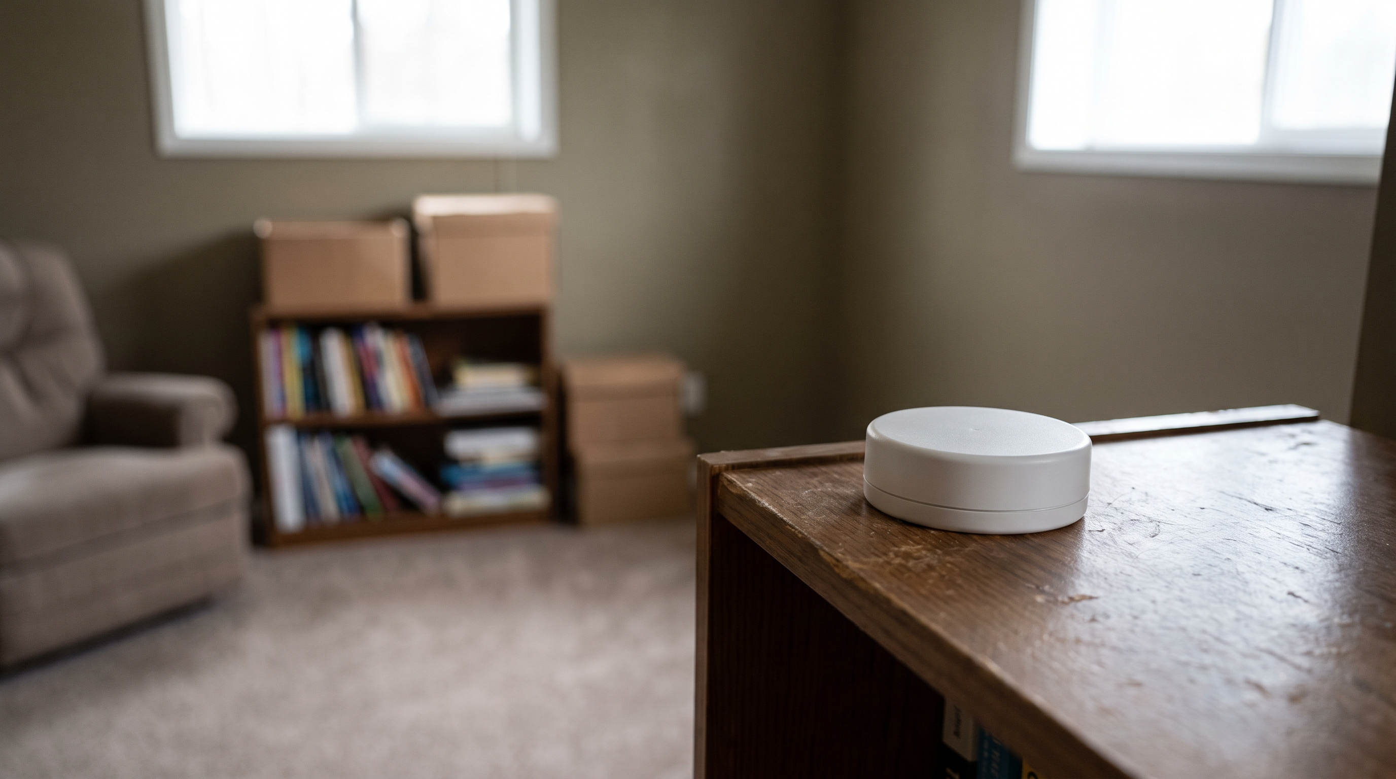 A small white puck-shaped alpha-track radon detector sitting on a wooden shelf in a finished basement room.