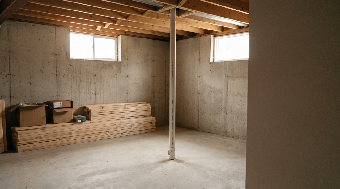 A white PVC radon mitigation pipe rising from a basement floor slab and running up inside the room through the ceiling joists.