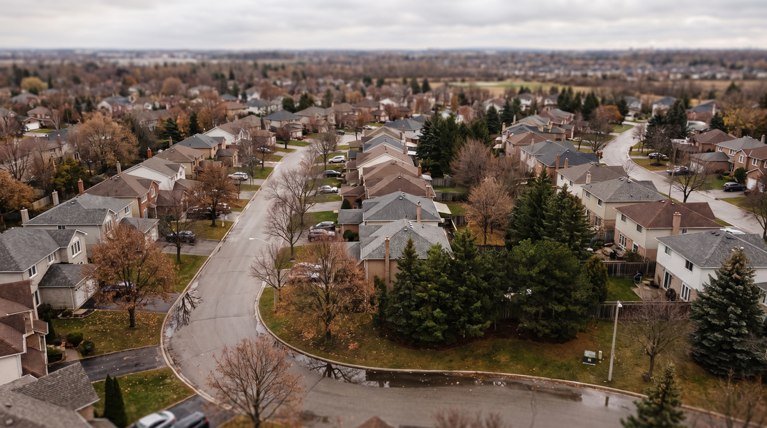 An aerial view of a Canadian residential neighbourhood in late autumn, showing rows of detached homes among bare trees and evergreens.