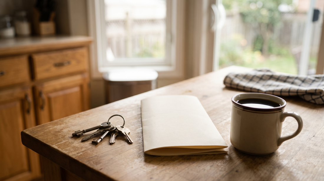 House keys and a folded blank document on a kitchen counter beside a coffee cup in a bright family kitchen.