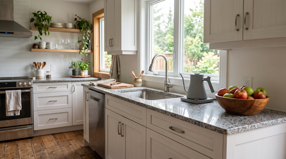 A bright modern kitchen with speckled grey granite counters and pale cabinets, a kettle and a bowl of apples on the counter in daylight.