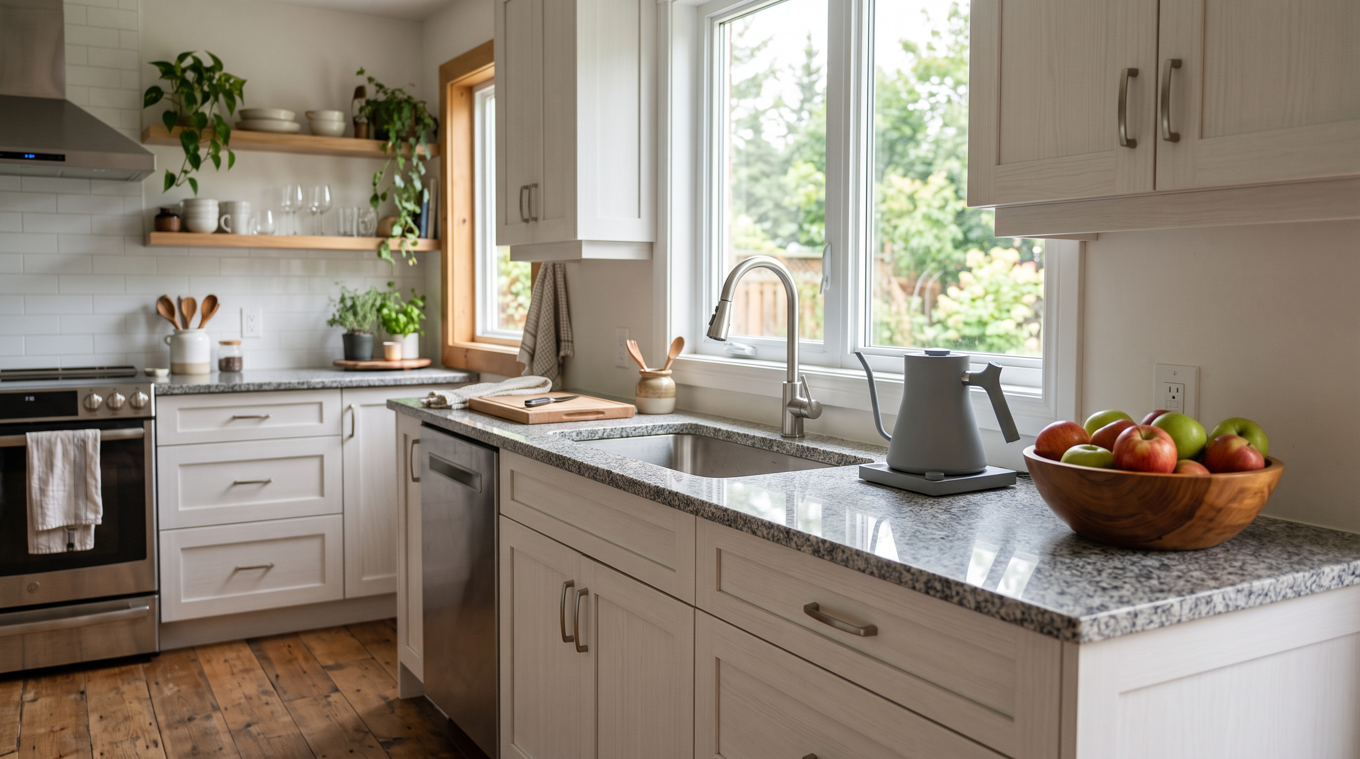 A bright modern kitchen with speckled grey granite counters and pale cabinets, a kettle and a bowl of apples on the counter in daylight.