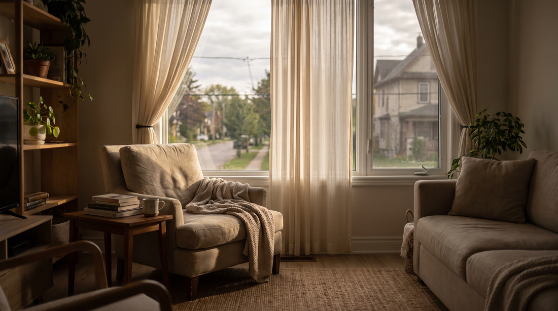 A quiet empty living room with an armchair beside a curtained window in soft late-afternoon light.