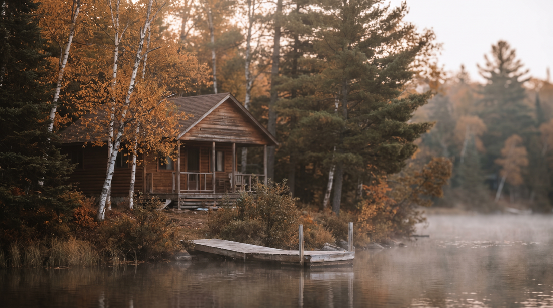 A wooden Canadian lakeside cottage among pines and birches in early autumn, with a small dock on calm water.