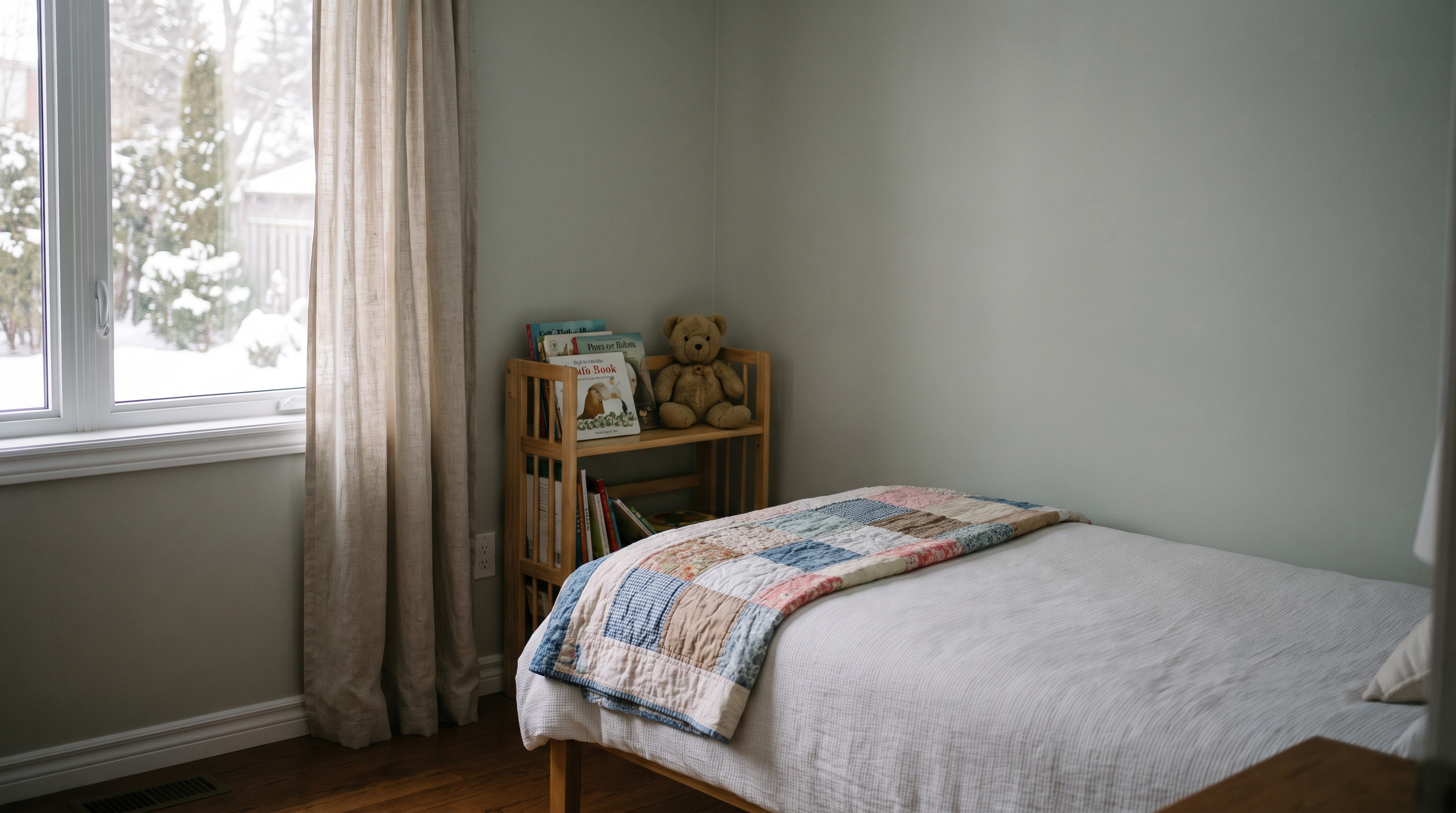 A softly lit child's bedroom with a neatly made bed, picture books on a low shelf and a soft toy.