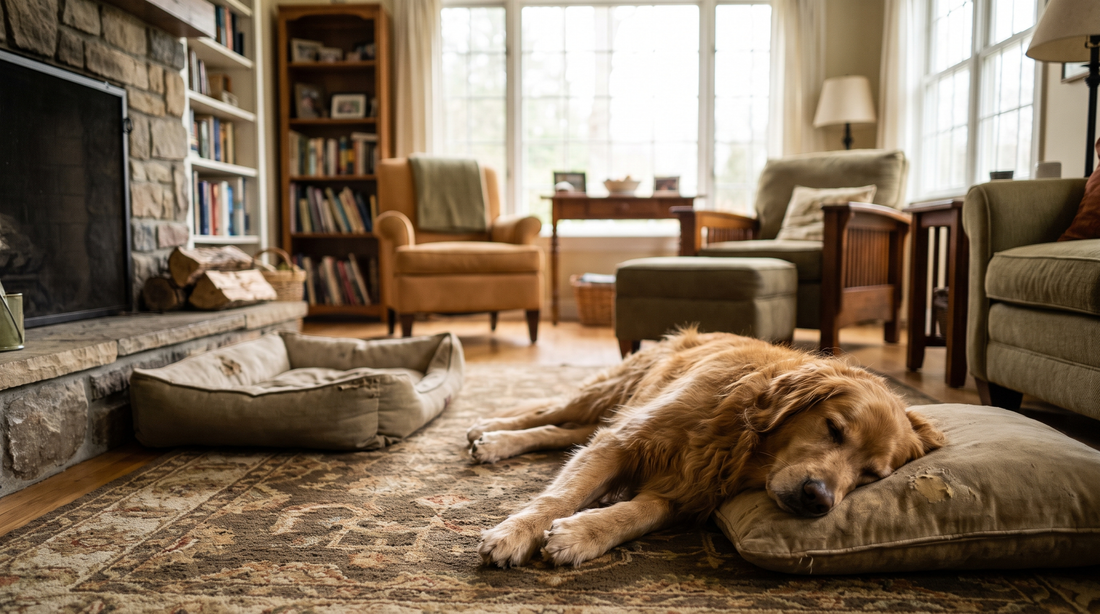 A relaxed golden retriever lying on a rug in a warm family living room in soft daylight.