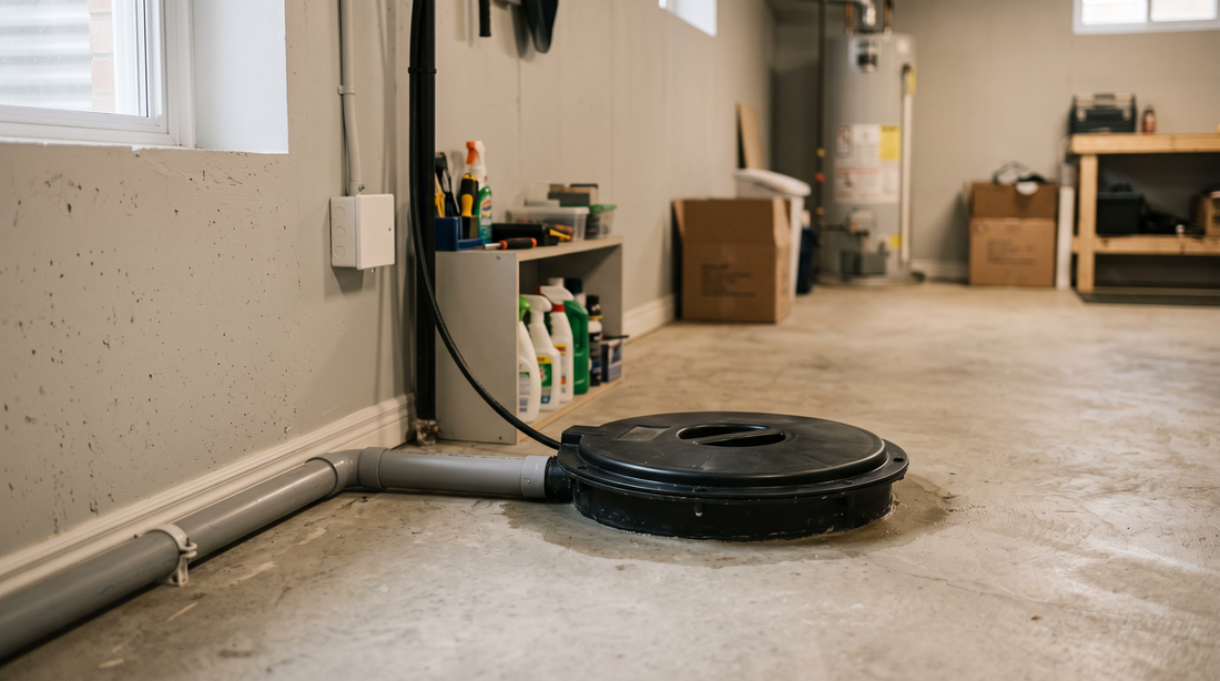 A sump pit in a basement concrete floor fitted with a sealed lid, with a drainage pipe running from it.