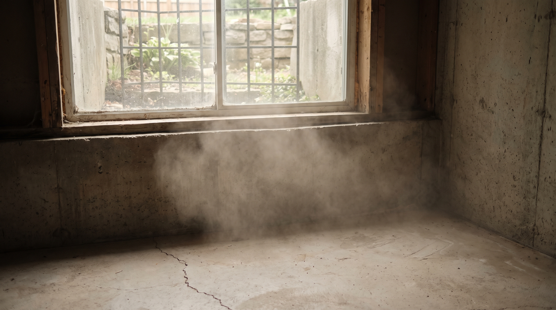 Daylight falling through a basement window well onto a bare concrete floor, with dust motes visible in the air.