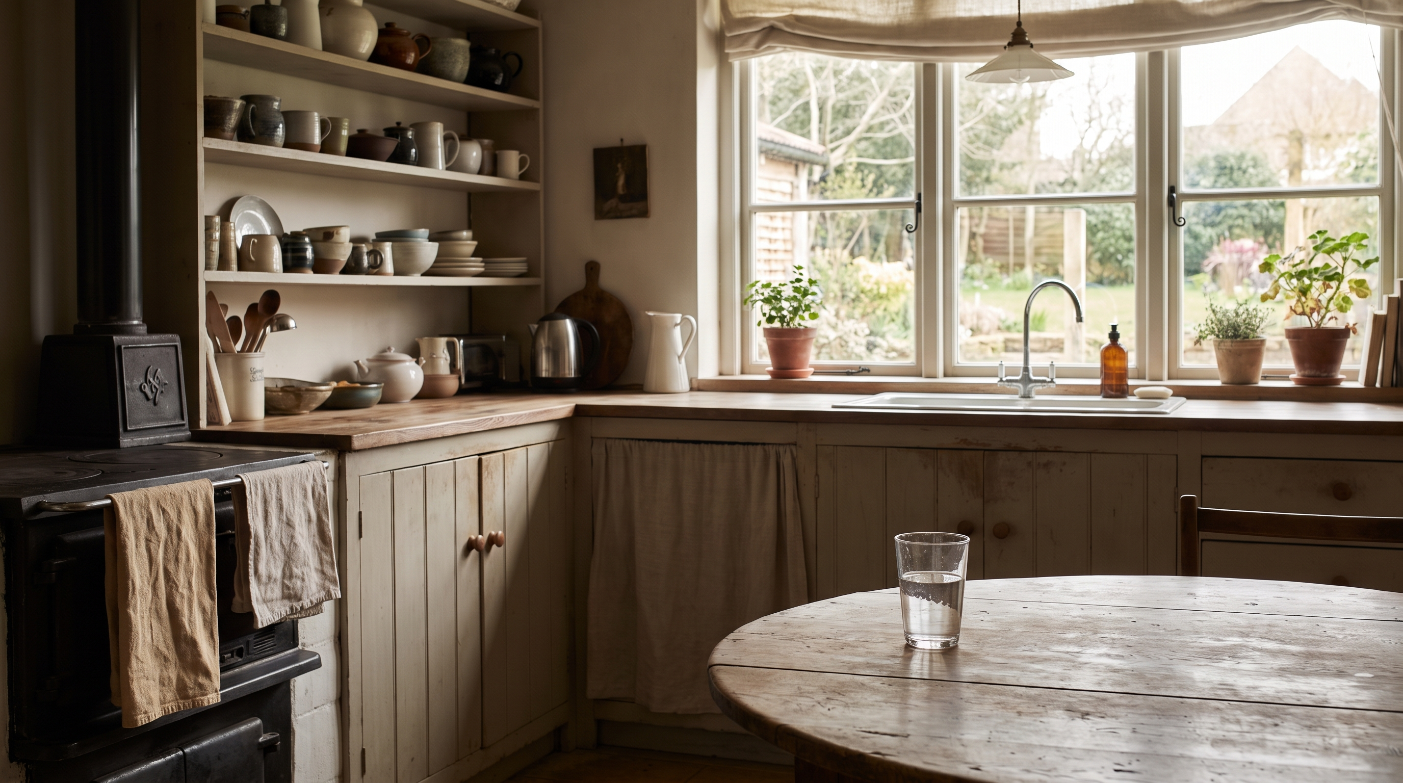 A calm family kitchen in soft morning light with a glass of water on the table.