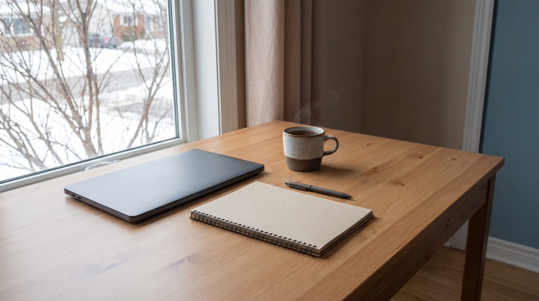 A tidy home office desk with a closed laptop, a blank notepad and a mug of tea in soft daylight.