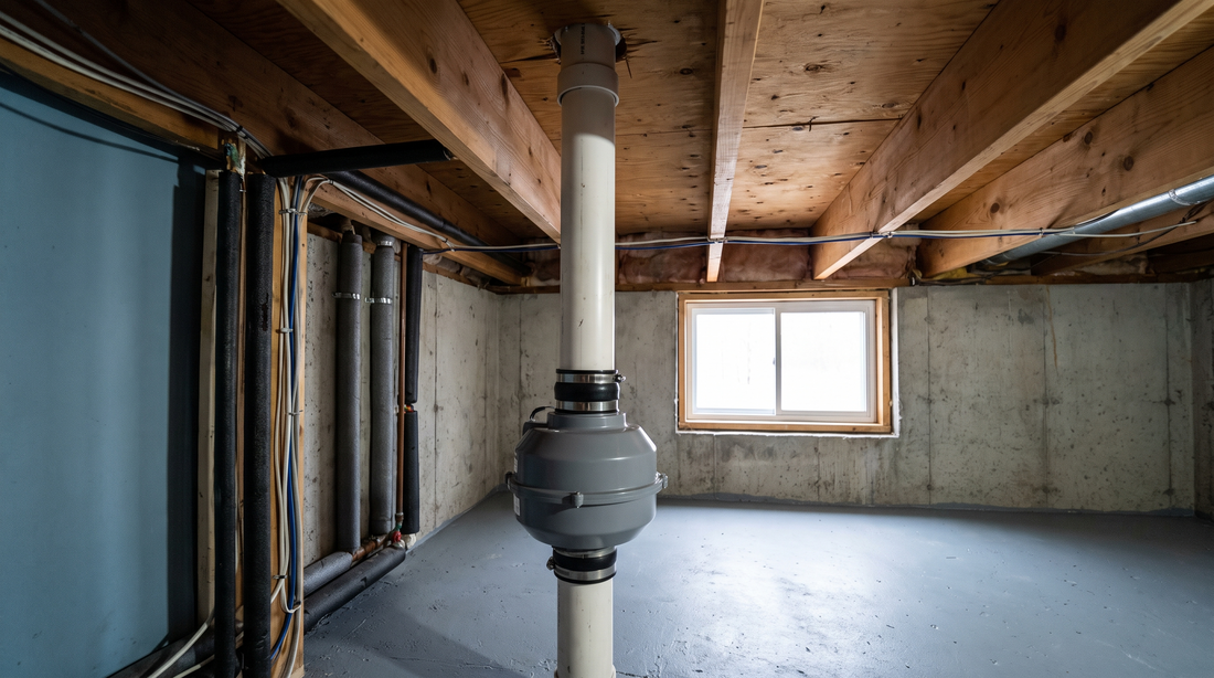 A radon fan mounted on a white PVC pipe inside a basement utility space, with the pipe running up through the ceiling joists.