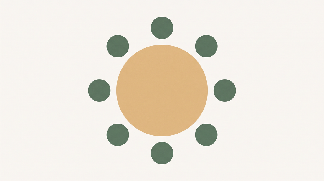 Flat abstract illustration of a round meeting table seen from above with evenly spaced seats.