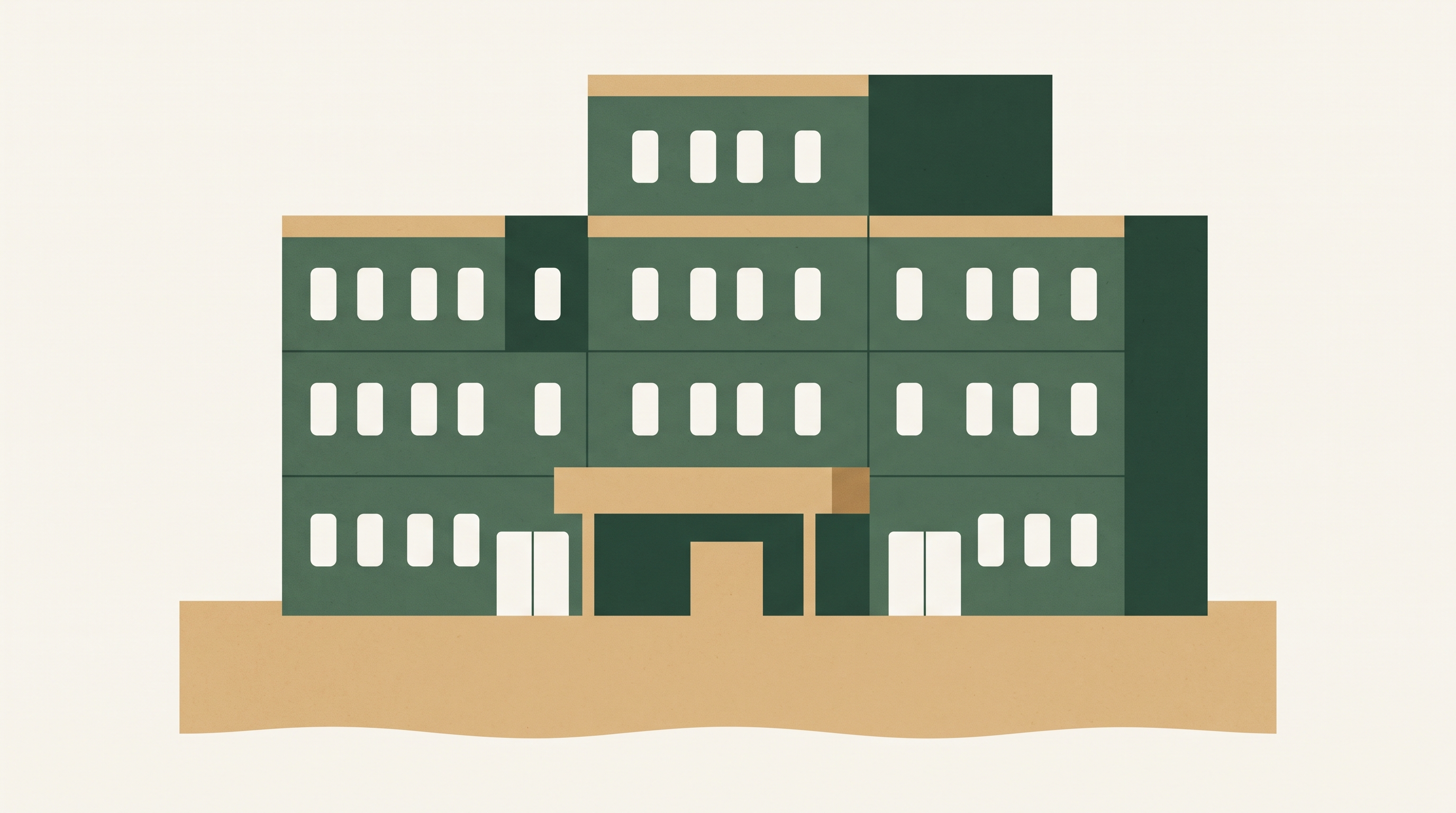 Flat illustration of a multi-storey care facility with a covered entrance.