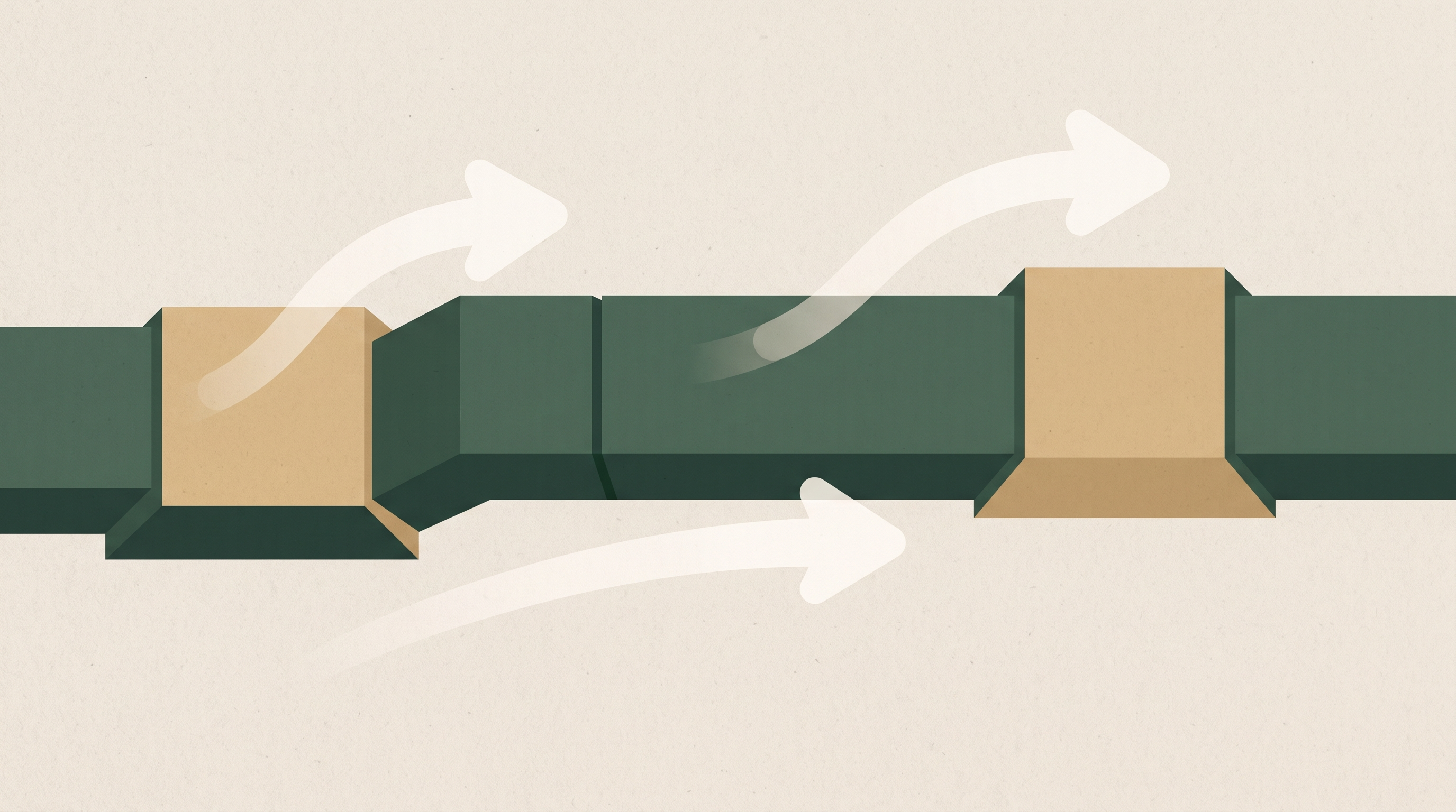 Flat illustration of rectangular ductwork with soft arrows suggesting airflow.