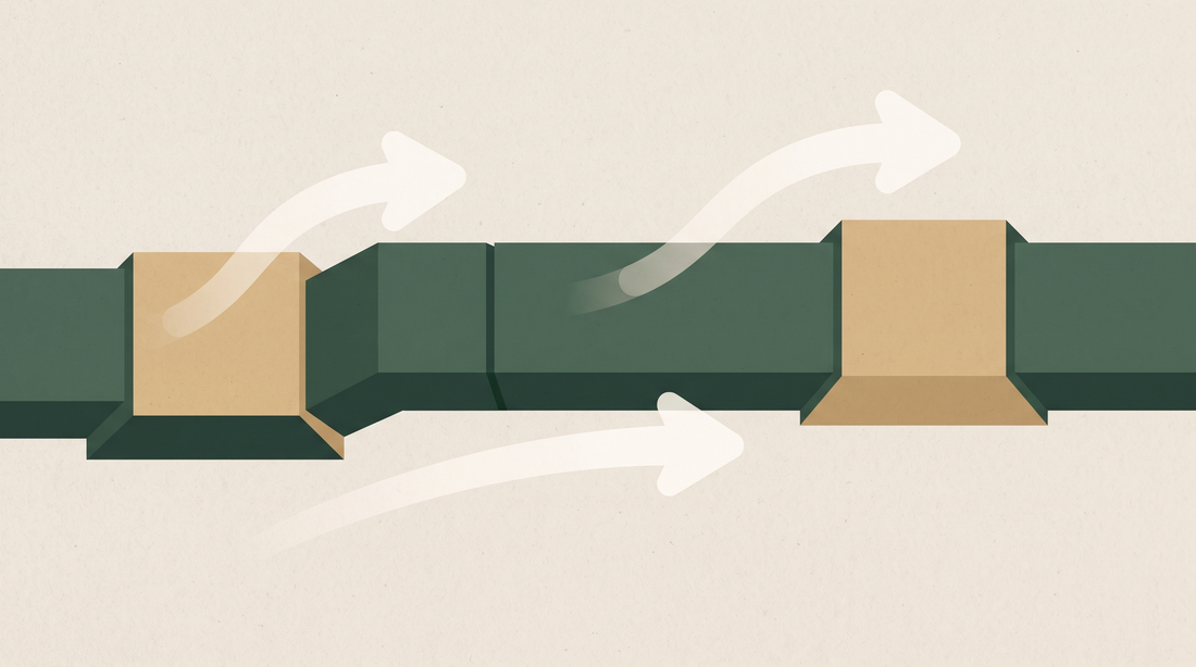 Flat illustration of rectangular ductwork with soft arrows suggesting airflow.