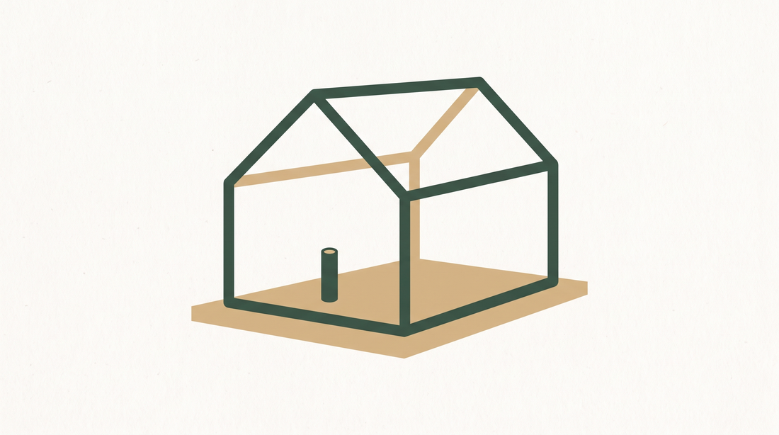 Flat illustration of a house frame on a foundation slab with a vertical pipe stub inside the footprint.