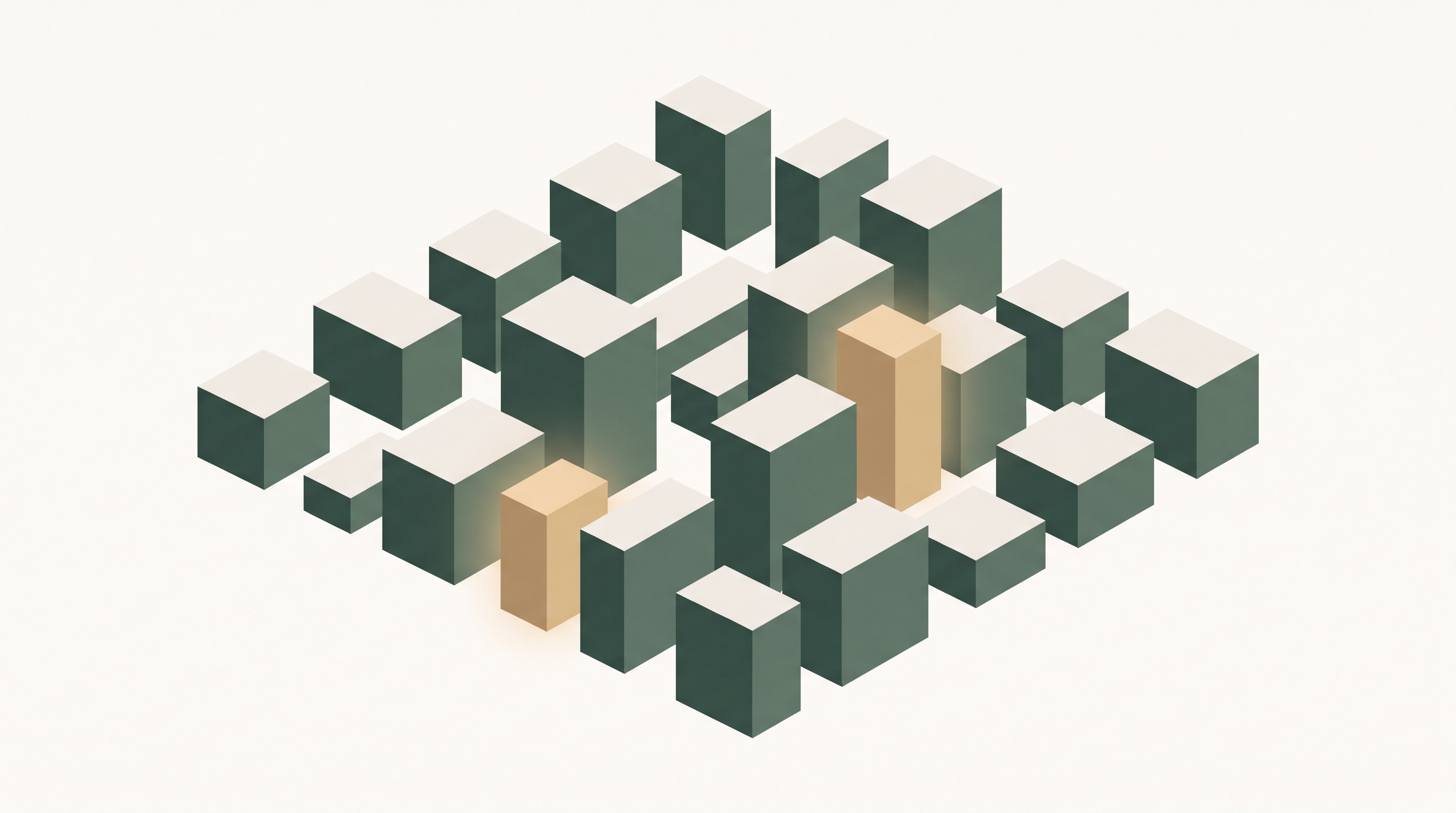 Flat illustration of a grid of simple buildings with a few highlighted in a warmer tone.