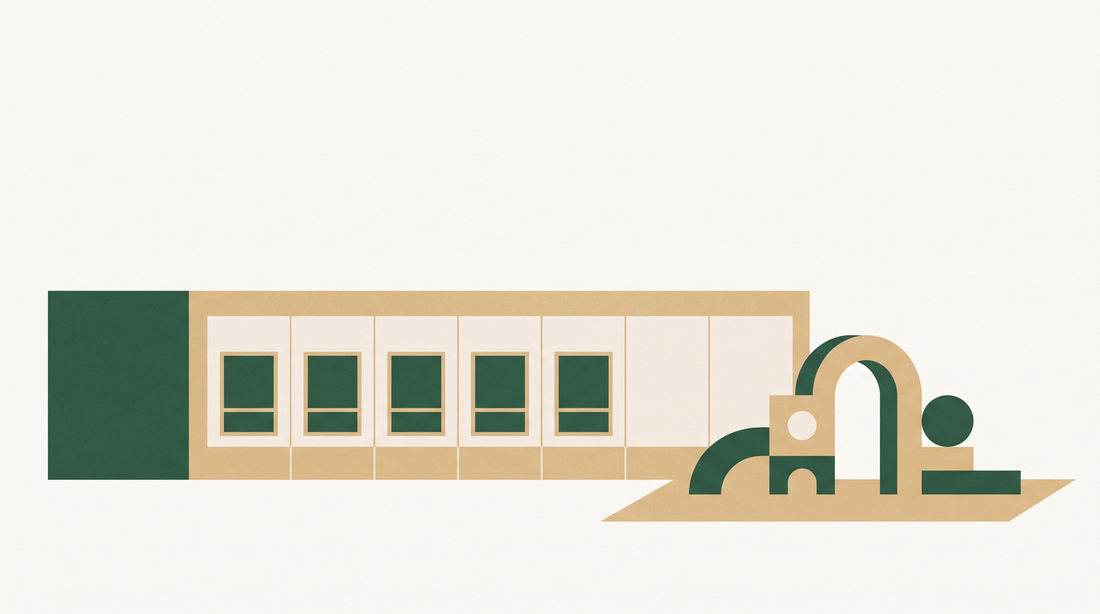 Flat illustration of a low-rise school building with a playground beside it.