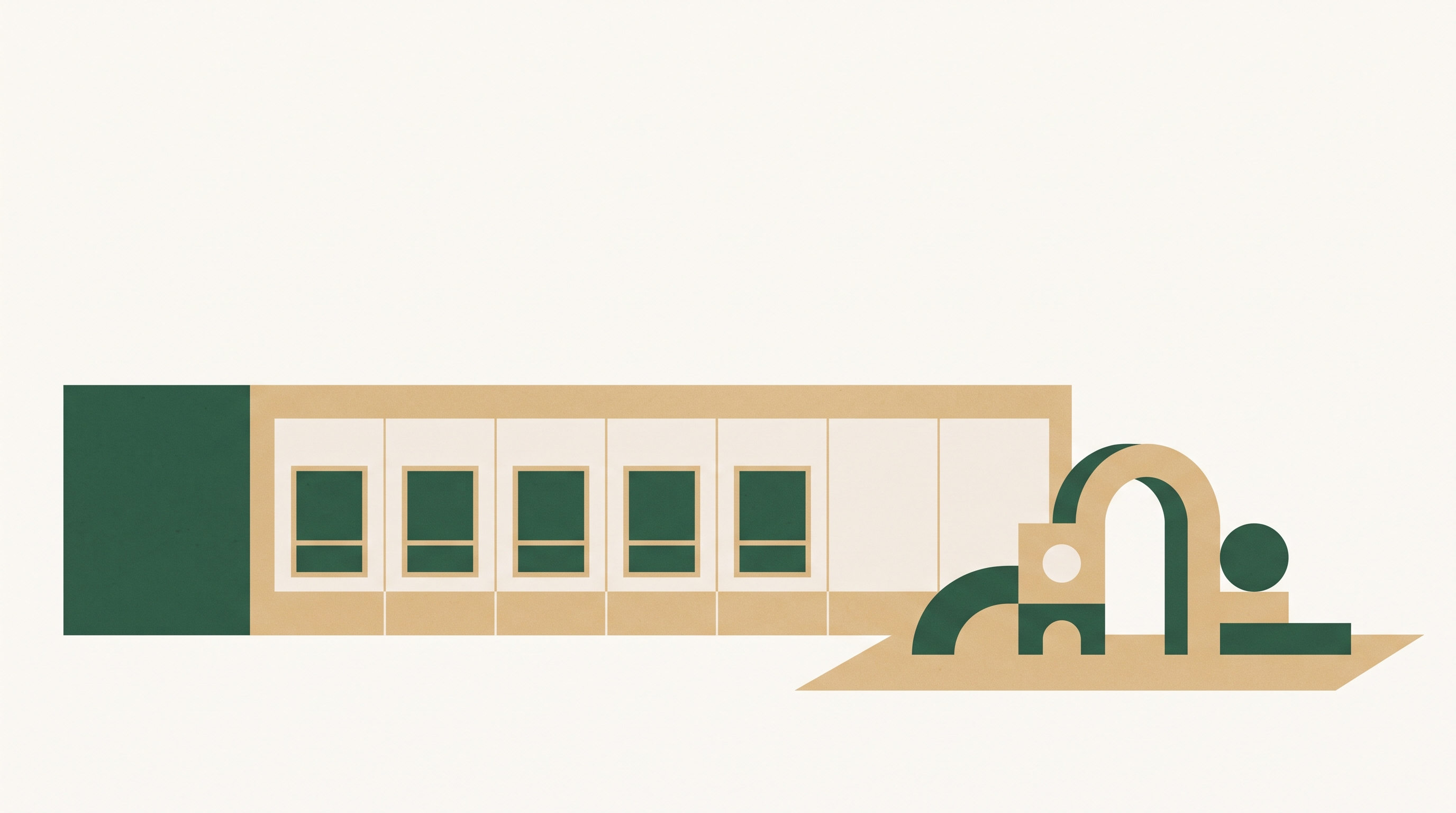 Flat illustration of a low-rise school building with a playground beside it.