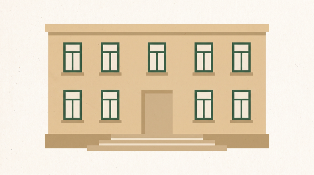 Flat illustration of a civic office building with a symmetrical facade and wide front steps.
