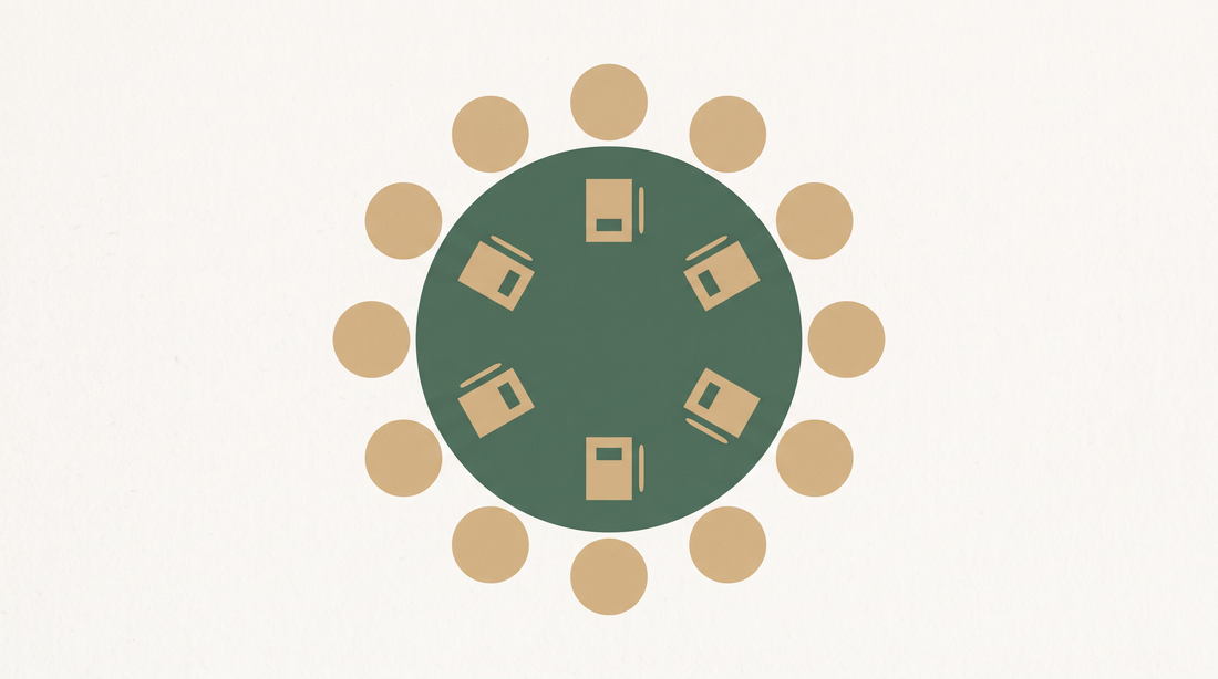 Flat abstract illustration of a round meeting table seen from above with evenly spaced seats.