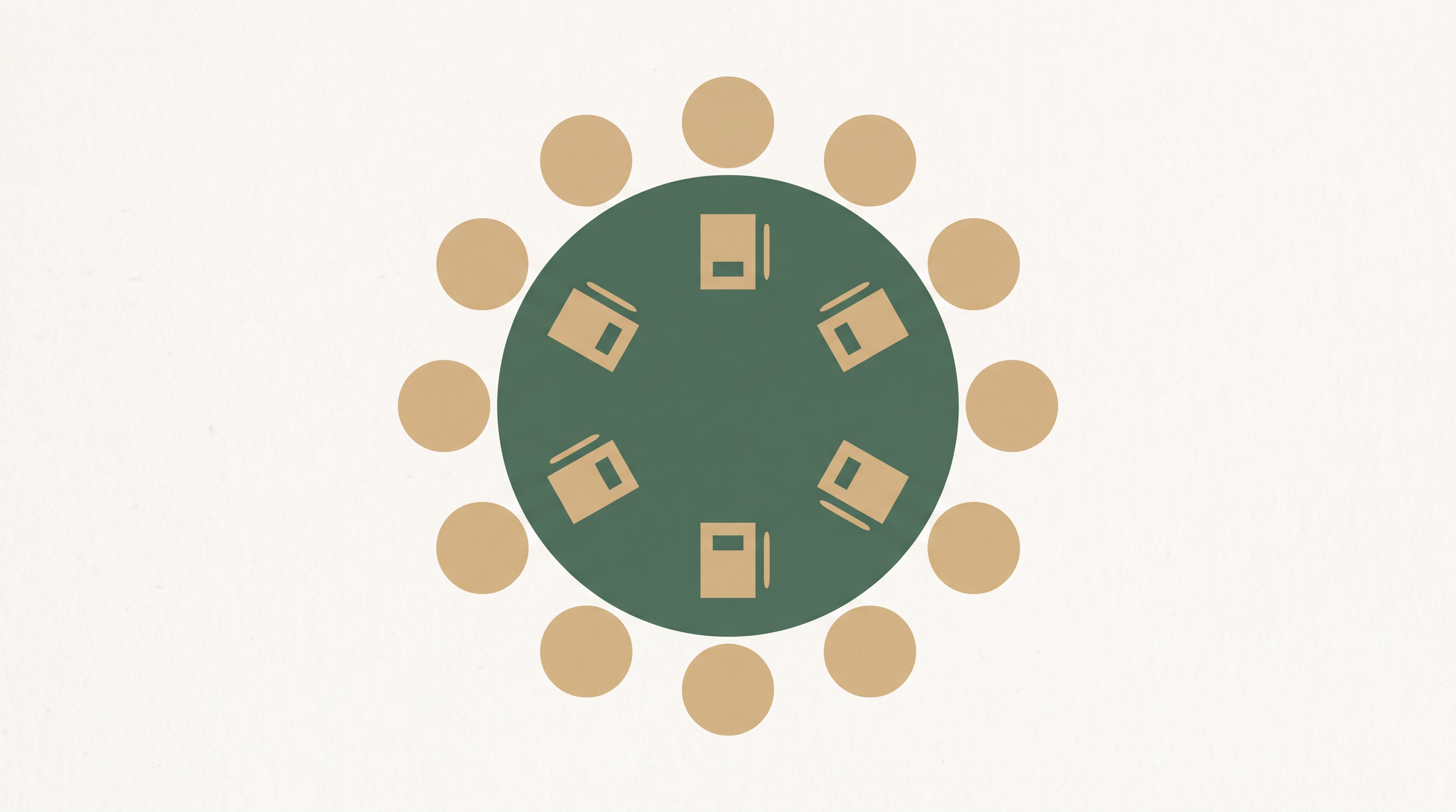 Flat abstract illustration of a round meeting table seen from above with evenly spaced seats.