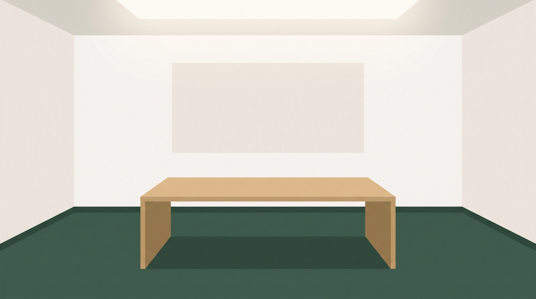 Flat illustration of an empty meeting room with a plain table and a blank presentation board.